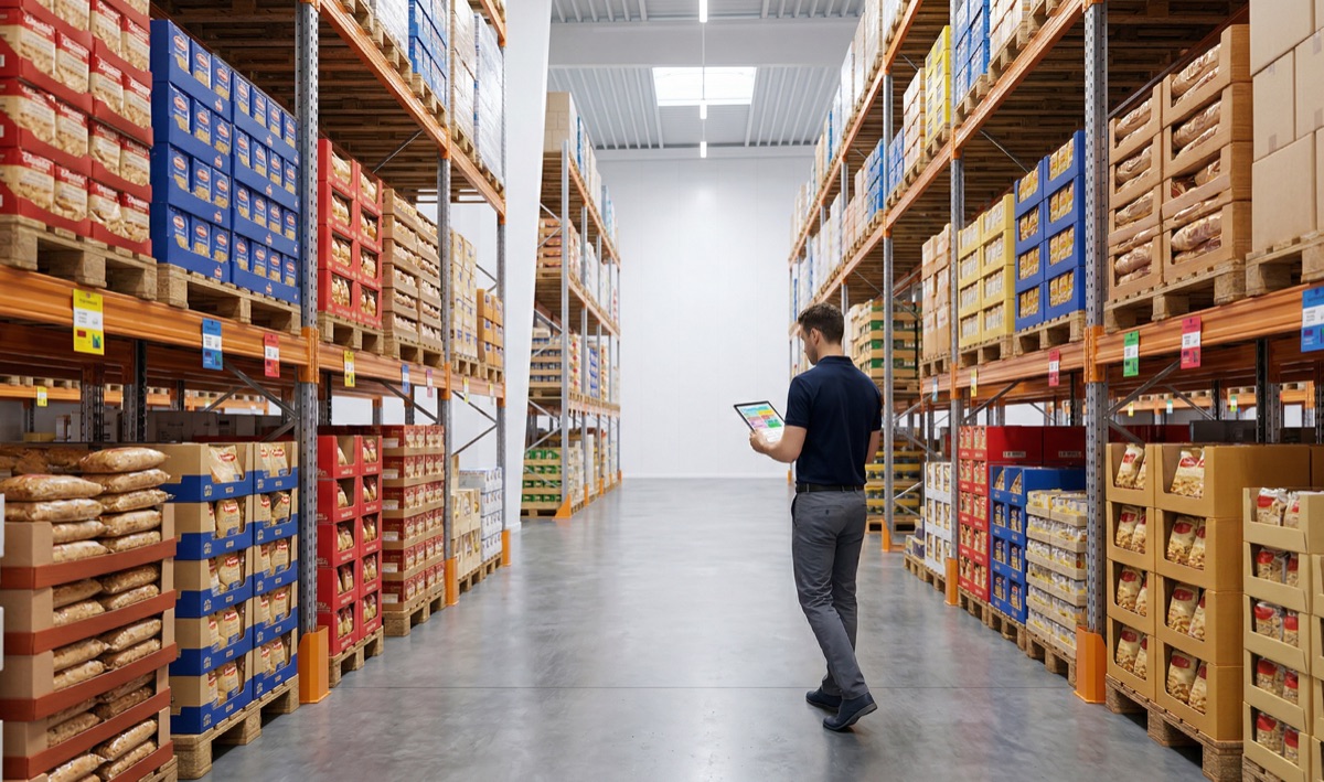 Modern food distribution warehouse with organized inventory