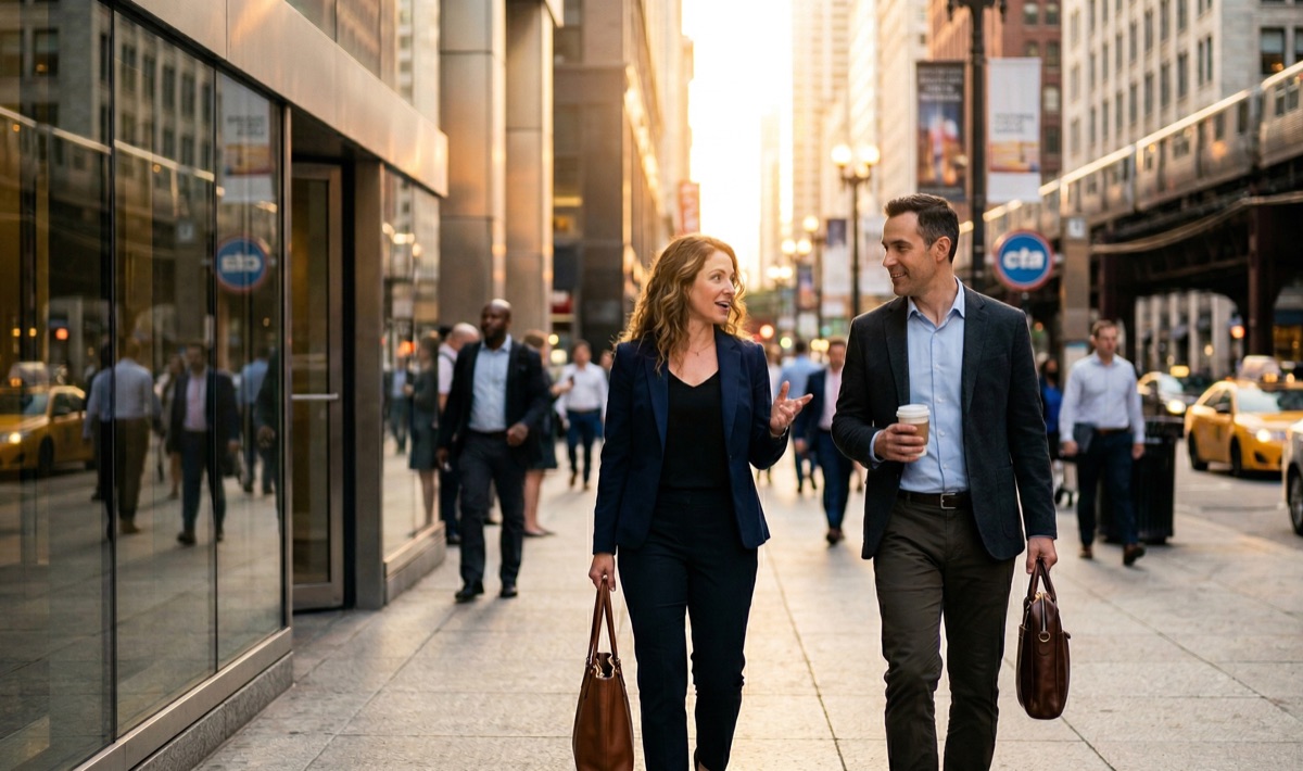 Business professionals discussing partnership in Chicago